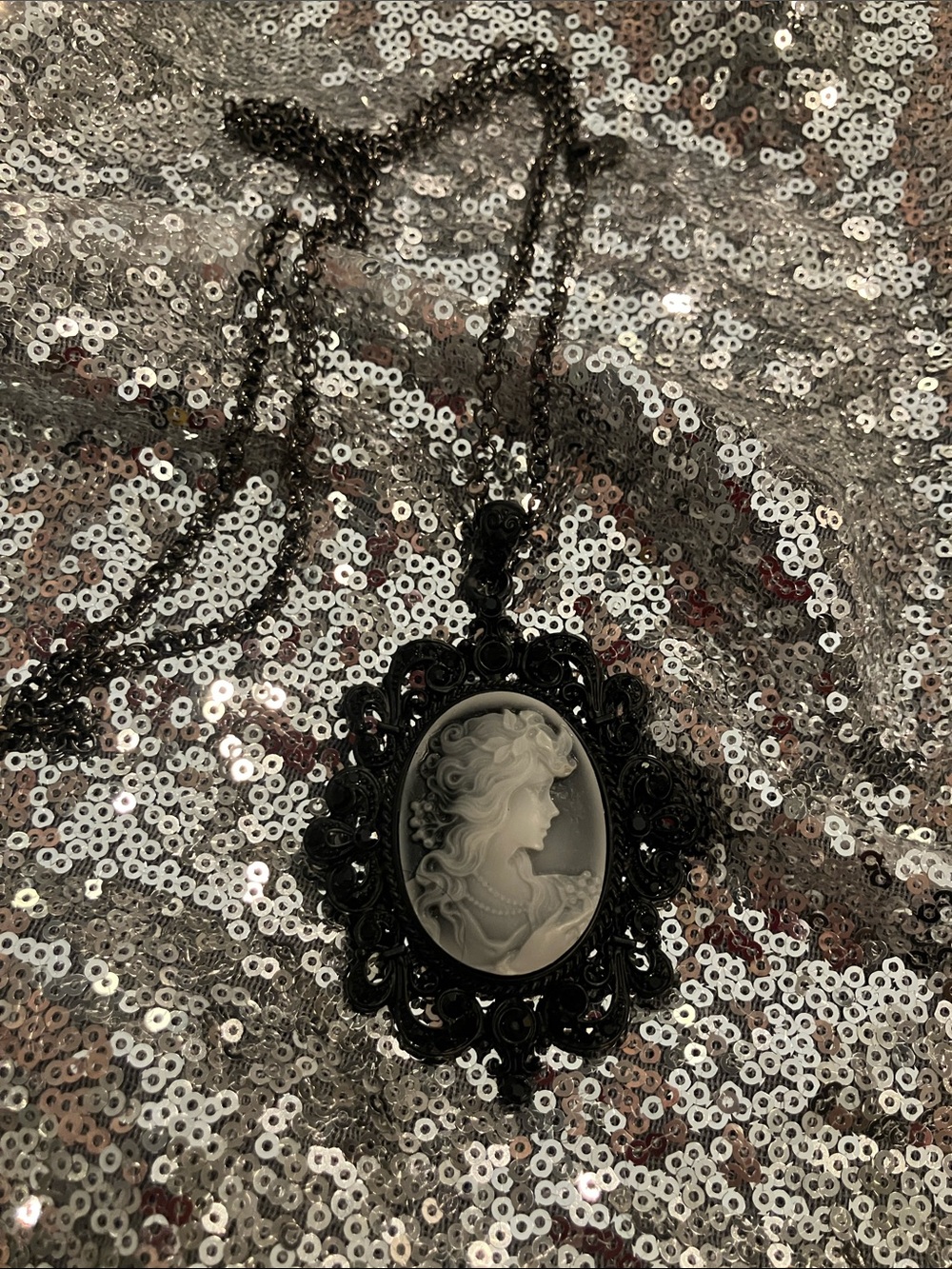 Costume Cameo Necklace - Matte Black with Black Stones